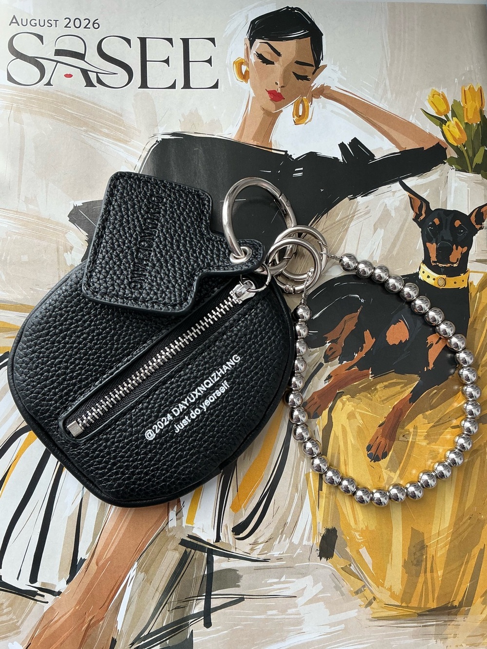 Black Leather Key Pouch with Beaded Wristlet